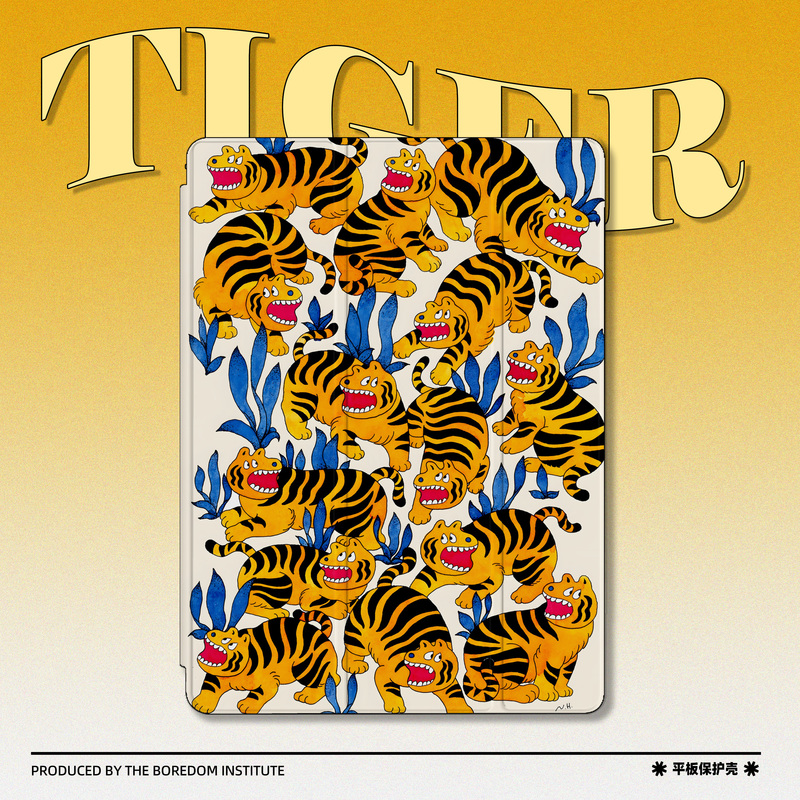日系复古插画老虎潮流ins风昭和艺术小众适用于苹果2022款iPadPro12.9/11三折保护壳air5/mini6防摔ipad9/10