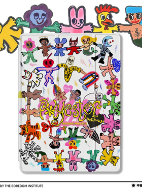 复古潮流小众白色蜡笔涂鸦暗黑卡通小人恶搞适用于苹果2022款iPadPro12.9/11三折保护壳air5/mini6防摔ipad10