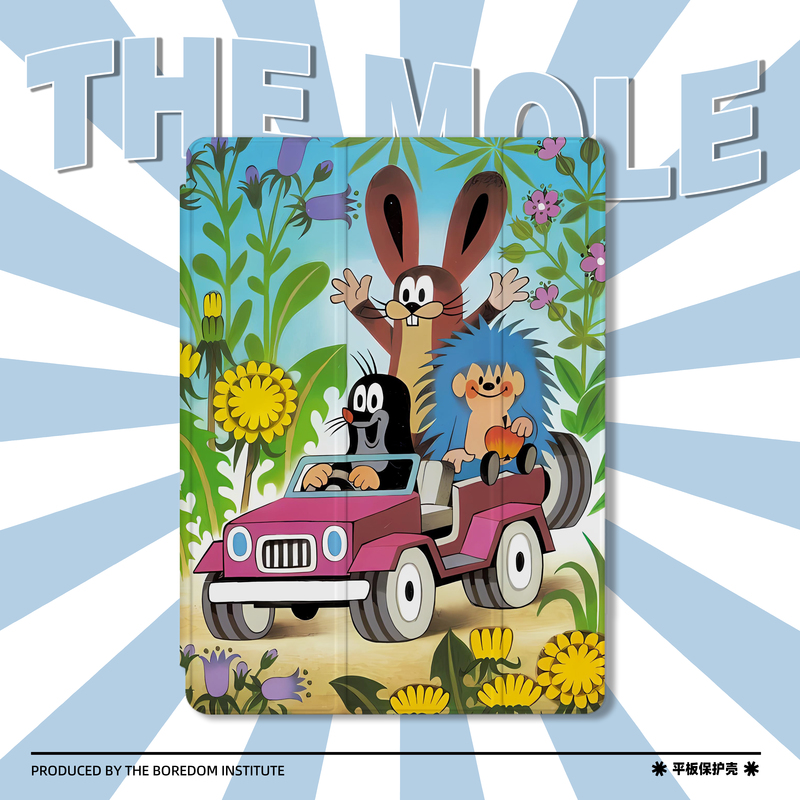 绘画艺术开车鼹鼠的故事潮流复古适用于苹果2024款iPadPro12.9/11三折保护壳air6/air5/mini6防摔气囊平板壳