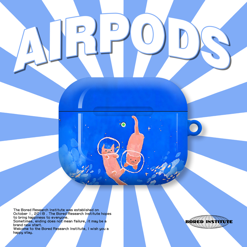 蓝色艺术海洋小猫复古可爱插画个性适用于AirPods3代耳机壳AirPodsPro第二代/一代保护套光面硬壳AirPods4代