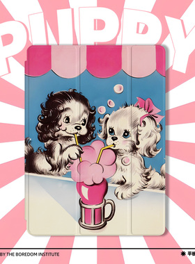 vintage粉可爱童趣小狗复古潮流艺术潮适用于苹果2022款iPadPro12.9/11三折保护壳air5/mini6防摔气囊平板壳