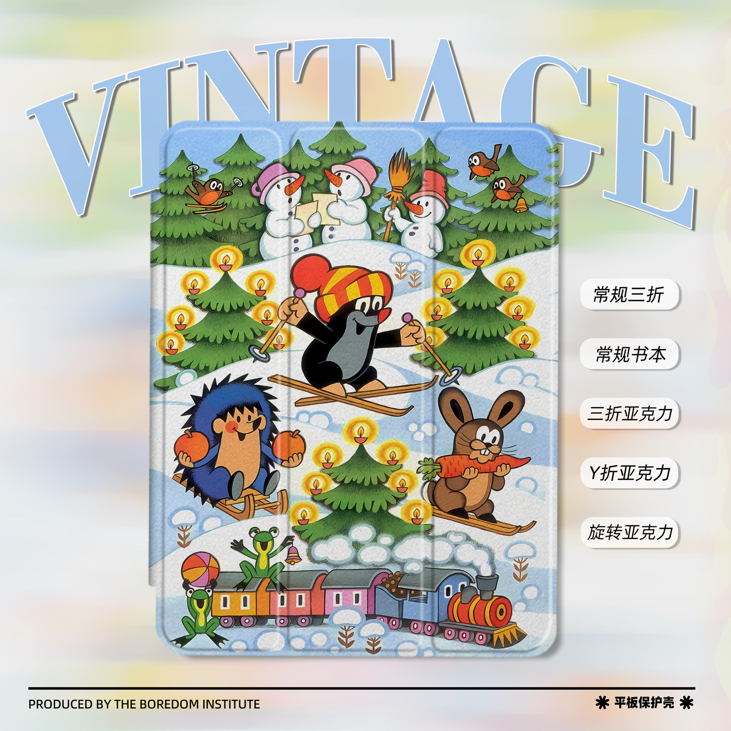 小众复古鼹鼠圣诞童趣艺术插画适用苹果2025款iPadPro11寸/13寸Y折保护壳air7/mini7亚克力360旋转平板壳书本