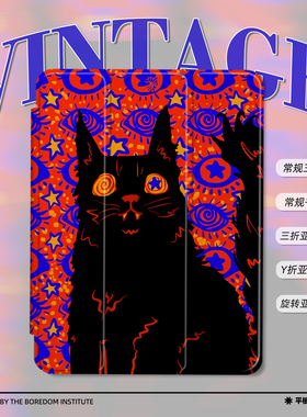 美式复古迷糊猫眼红色插画艺术潮流适用苹果2025款iPadPro12.9/11三折保护壳air6/air7/mini7亚克力Y折平板壳