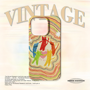 涂鸦小猫水彩笔舞蹈小众复古潮流适用于苹果IPhone15/14plus/13pro/12/11/16/16promax菲林磁吸手机壳IMD软壳