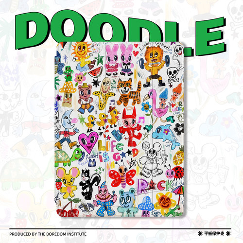 蜡笔涂鸦小众复古爱心艺术插画潮适用于苹果2024款iPadPro12.9/11三折保护壳air6/air5/mini6防摔气囊平板壳