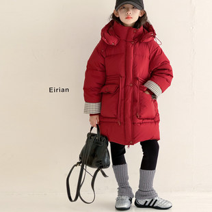 女童冬季加厚中长款棉服2025新款中大童红色羽绒棉棉衣儿童本命年