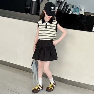 休闲短裙两件套 女大童夏季 夏装 套裙2025新款 洋气女孩条纹POLO衫