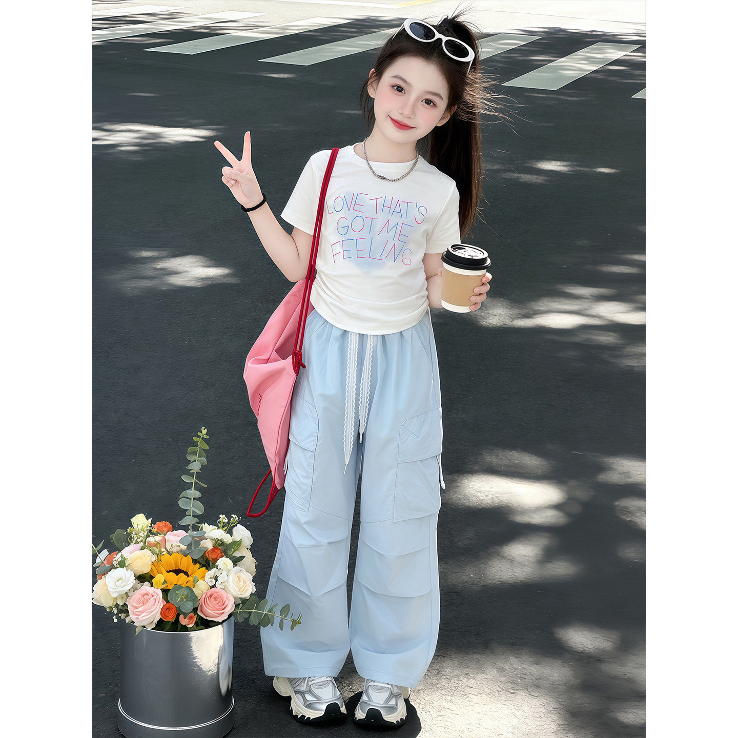 女童工装裤套装2026夏季新款时髦洋气短袖女孩夏装休闲运动两件套