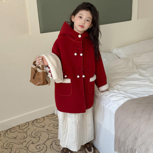 女童呢子大衣冬季儿童新年战袍红色加绒大衣中长款外套冬装拜年服