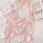 两件套装 时尚 粉色刺绣花朵内衣套装