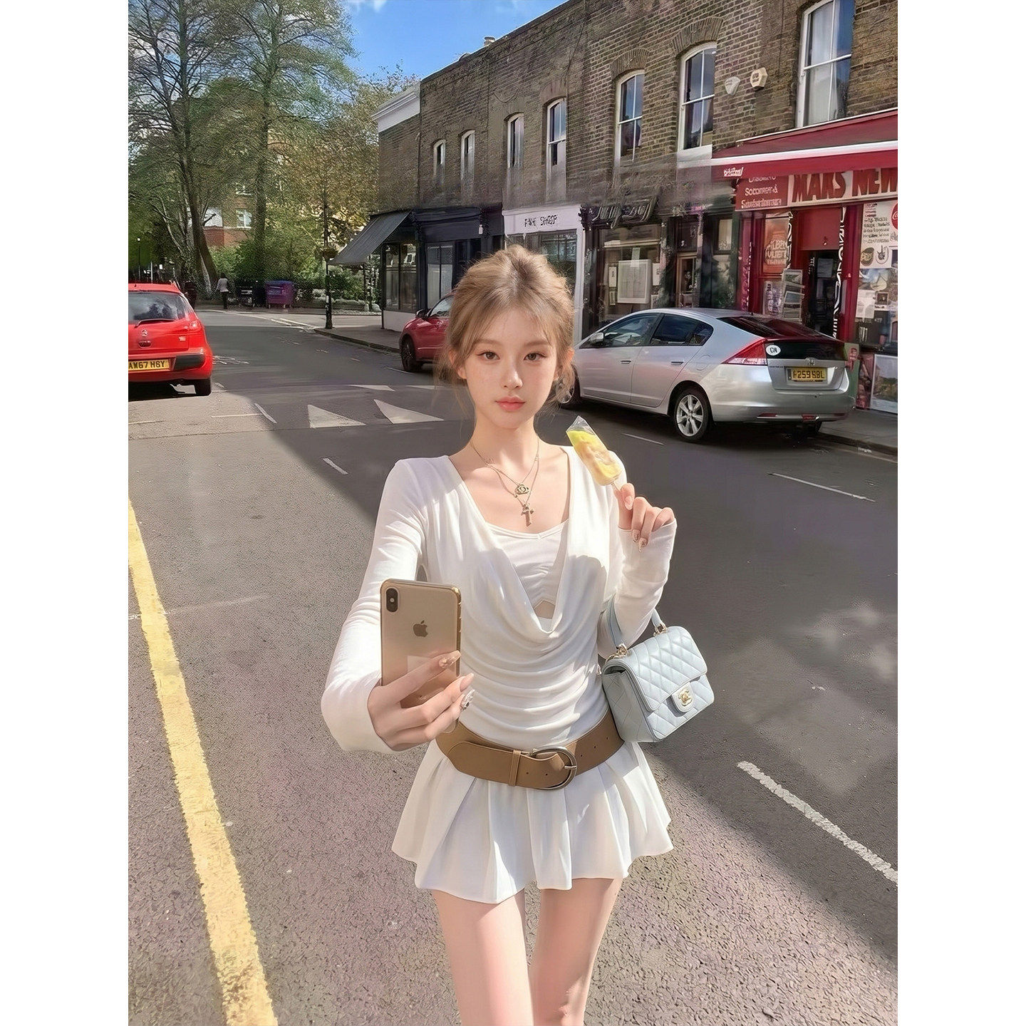 专柜正品纯欲风辣妹套装裙女夏季荡领修身上衣吊带百褶短裙三件套