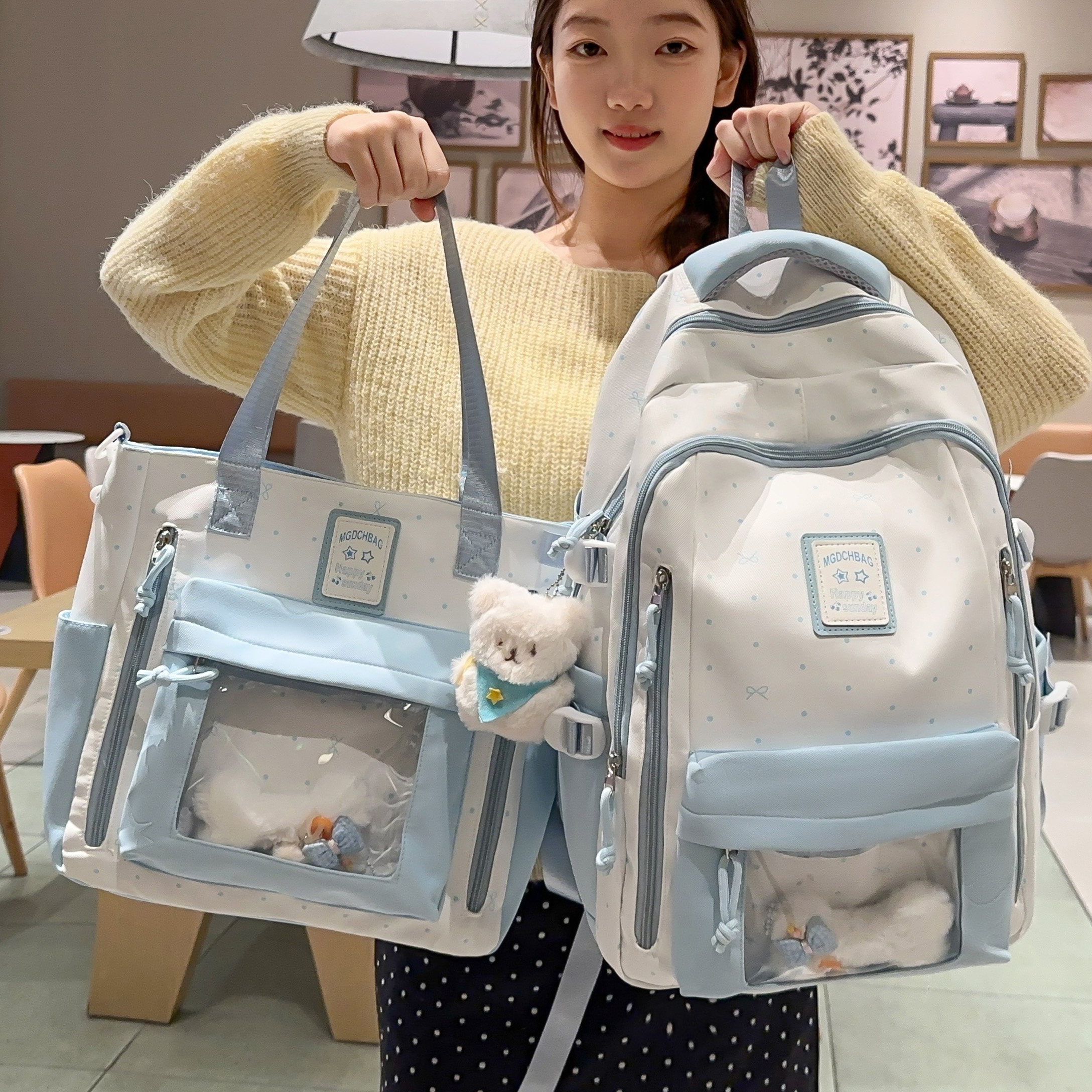 专柜正品大容量书包女可爱韩版波点蝴蝶结印花双肩包休闲百搭初高
