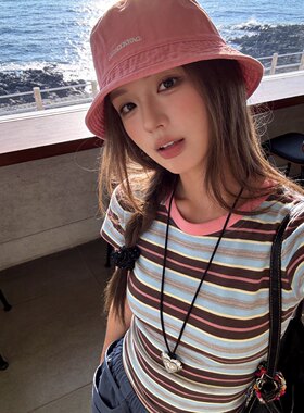 专柜正品【塞纳条纹】撞色条纹正肩短袖T恤女夏季设计感小众上衣