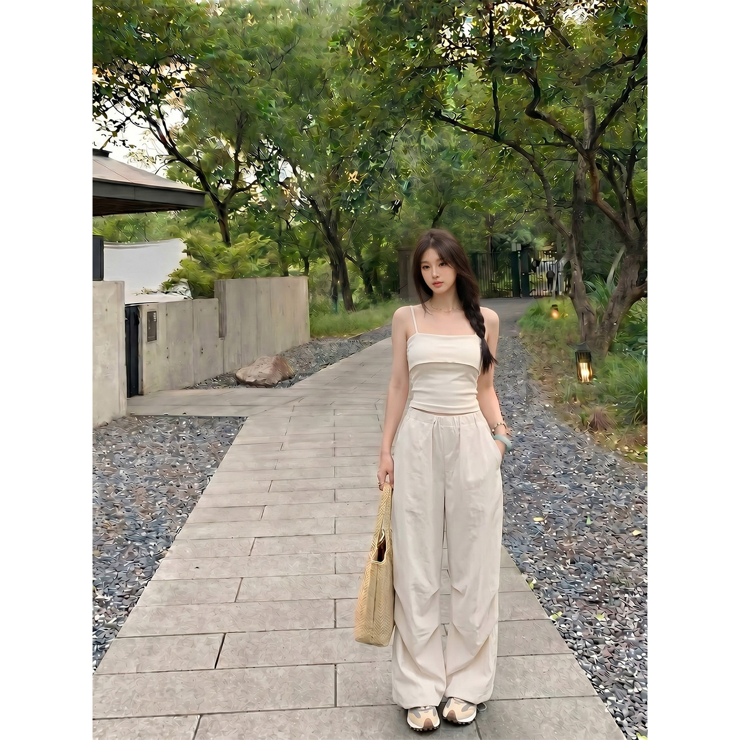 专柜正品美式工装休闲套装裤女夏季一字肩吊带上衣直筒长裤两件套