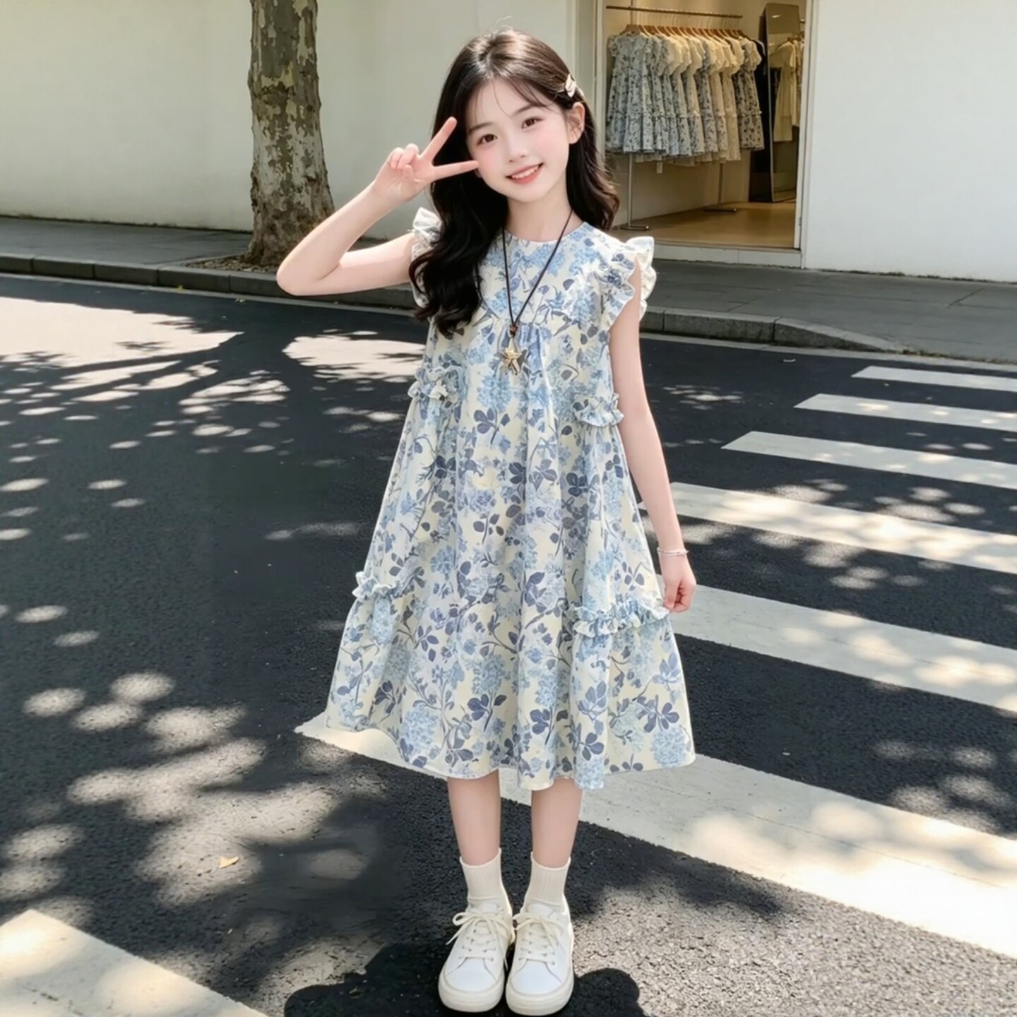 专柜正品女童夏款蓝色碎花无袖连衣裙2026新款中大童独特漂亮韩背