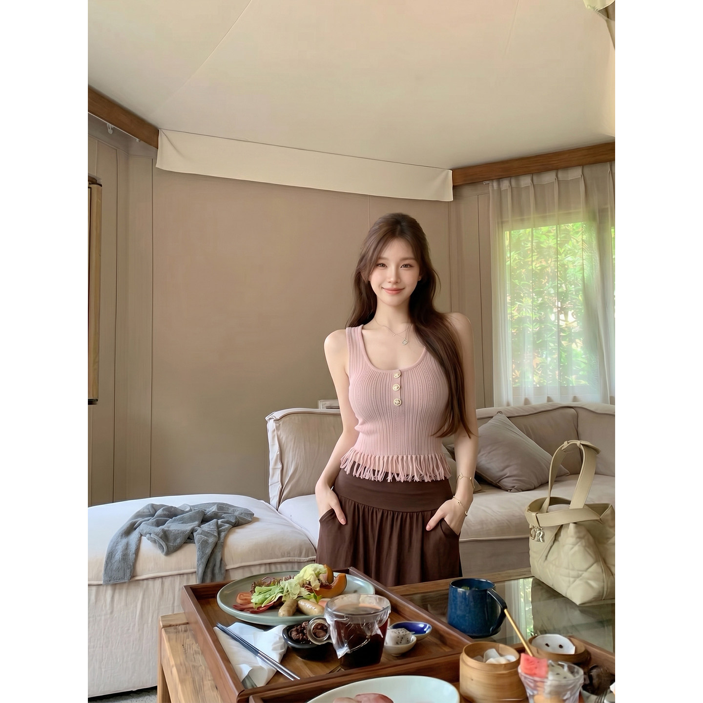 专柜正品粉色U领流苏针织背心女夏外穿辣妹短款修身显瘦无袖小上