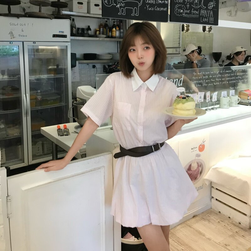 专柜正品韩系学院风条纹短袖衬衫连衣裙女夏季花苞裙设计感polo领