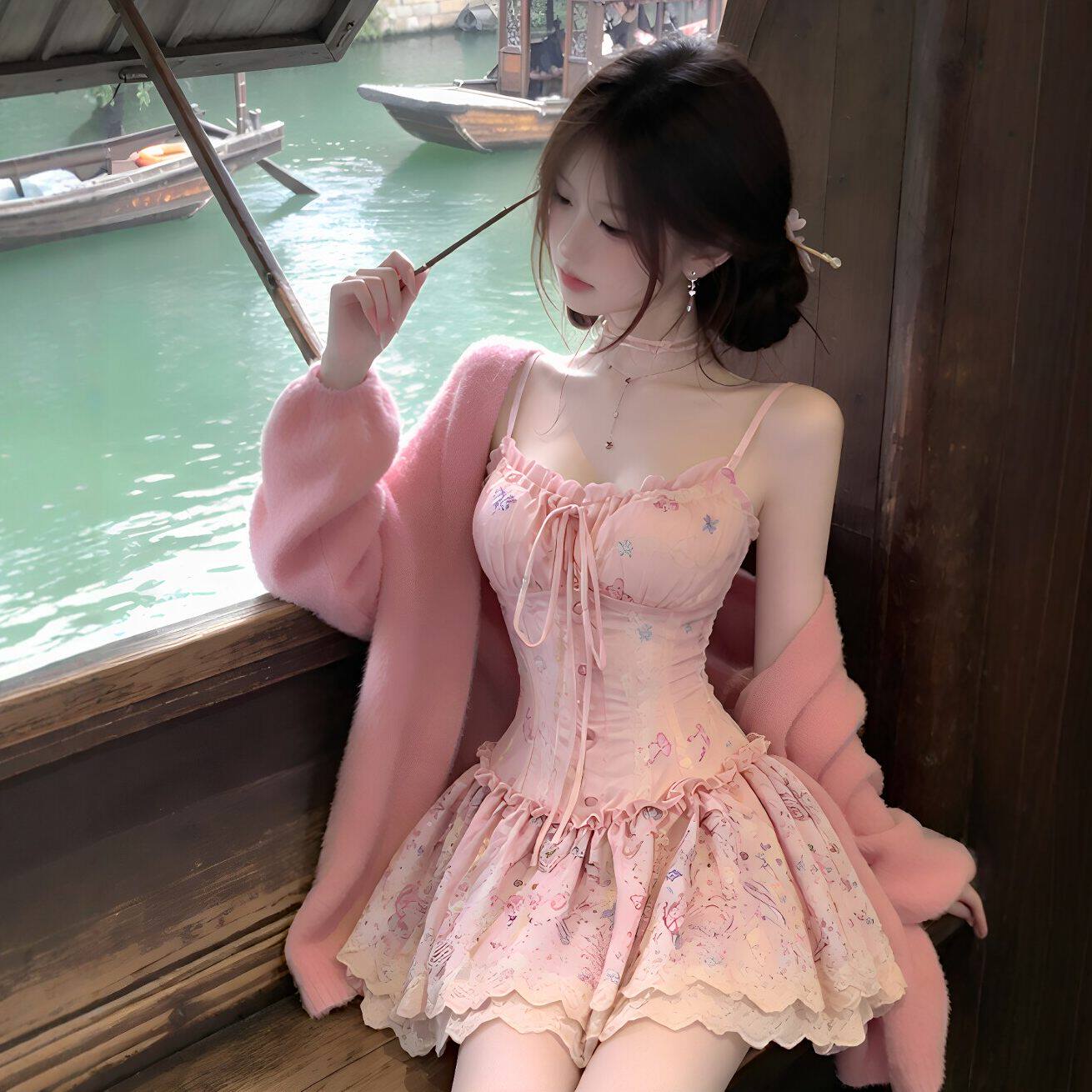 专柜正品减龄独特超好看粉色开衫吊带连衣裙两件套小个子超火碎花