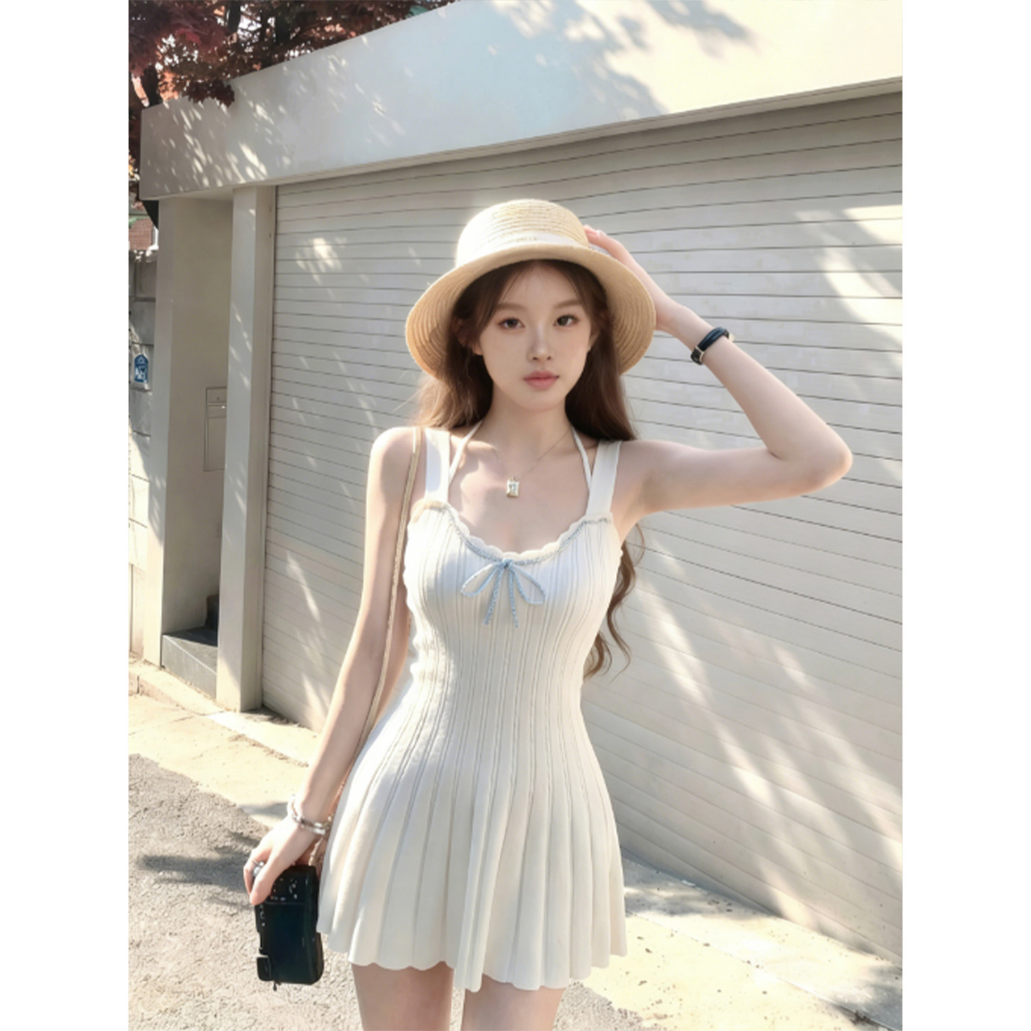 专柜正品甜辣风吊带针织连衣裙女夏季辣妹收腰显瘦气质百褶短裙子