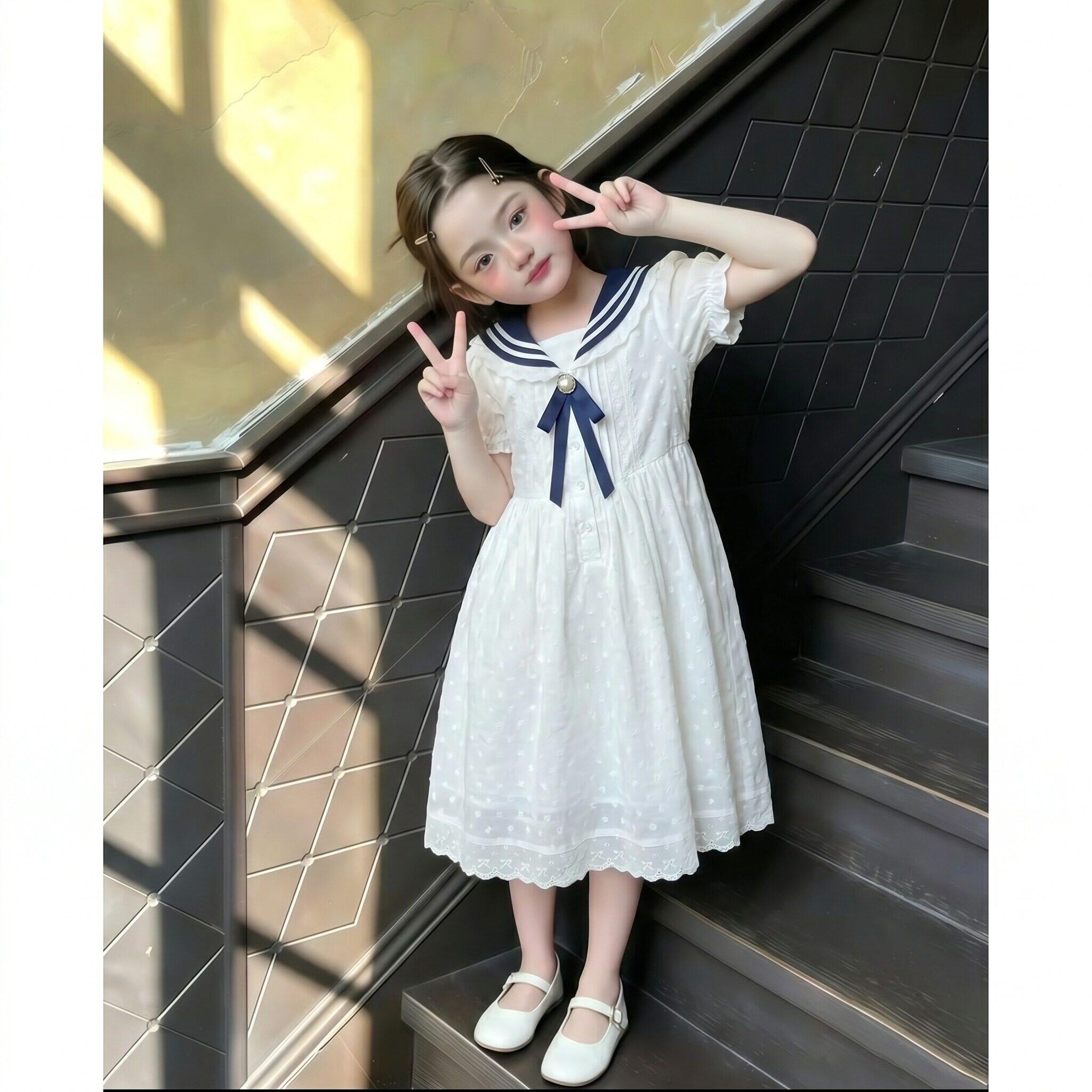 专柜正品学院风女童裙子2026新款夏季洋气小女孩白色连衣裙儿童巨
