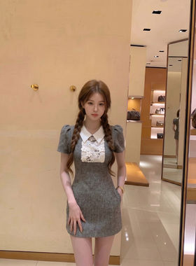 专柜法式灰色短袖连衣裙女夏季 蕾丝拼接收腰显瘦包臀短裙子