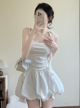 十三行正品法式初恋白色针织飘带连衣裙子女修身显瘦小个子背心花