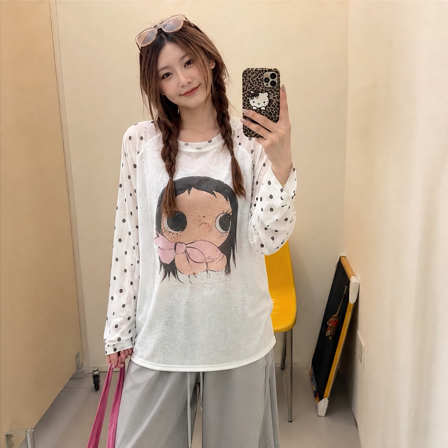 专柜正品美式复古波点卡通印花薄款防晒罩衫女夏季外搭宽松微透空
