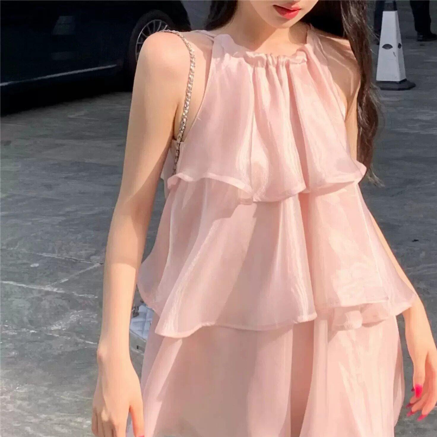 专柜正品粉色拼接荷叶边挂脖吊带连衣裙女夏季温柔甜辣人鱼姬无袖