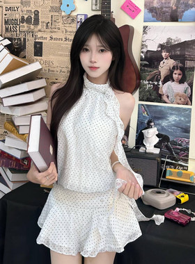 十三行正品白色超仙波点挂脖连衣裙子女夏季新款设计感小众收腰显