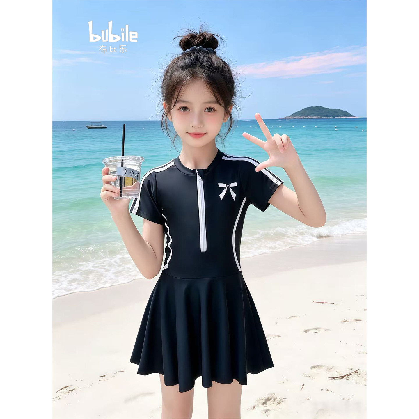 专柜正品女童连体泳衣2026新款夏季前拉链蝴蝶结短袖裙裤防走光儿