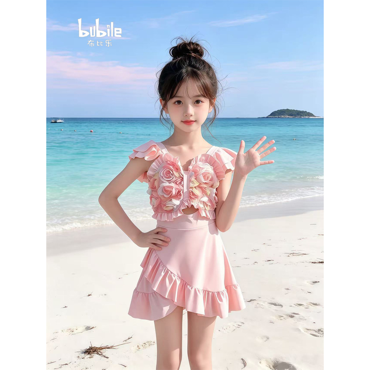 专柜正品女童立体玫瑰连体泳衣2026新款儿童V领荷叶小飞袖不规则