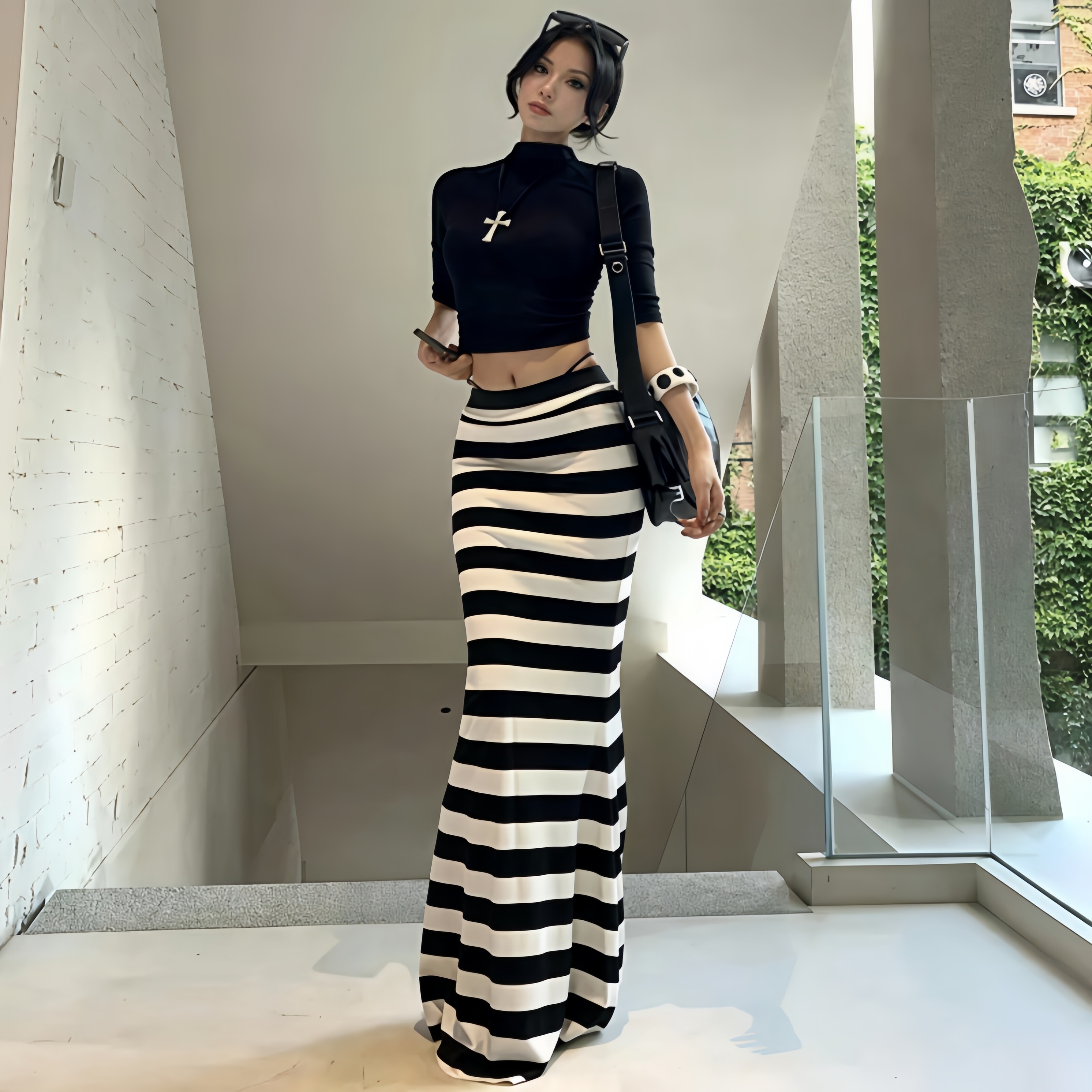 专柜正品美式甜辣风中袖t恤简约气质上衣黑白条纹撞色半身裙包臀