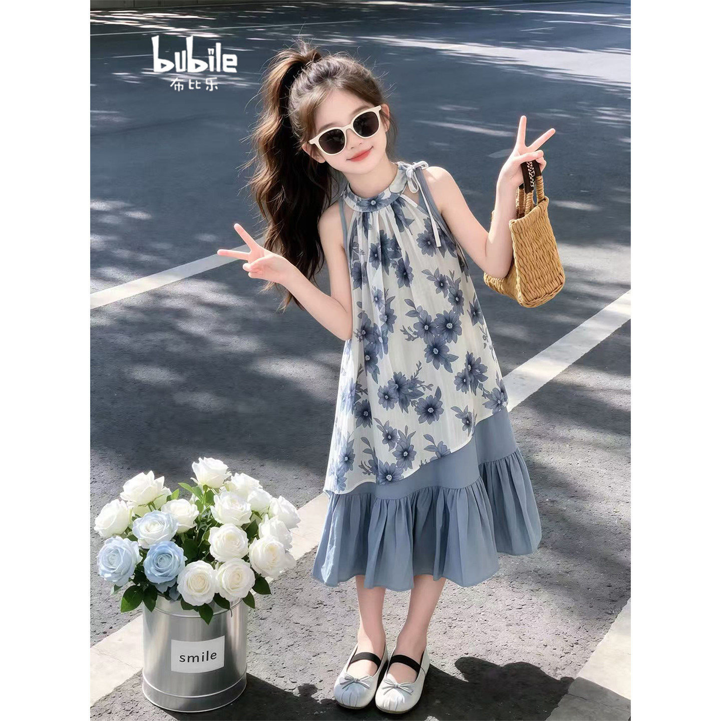 专柜正品女童夏装无袖碎花连衣裙2026夏季新款女孩日常中长裙挂脖