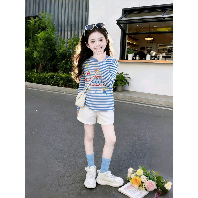 女童条纹T恤套装夏季2026新款儿童防蚊长袖上衣夏装短裤两件套夏t