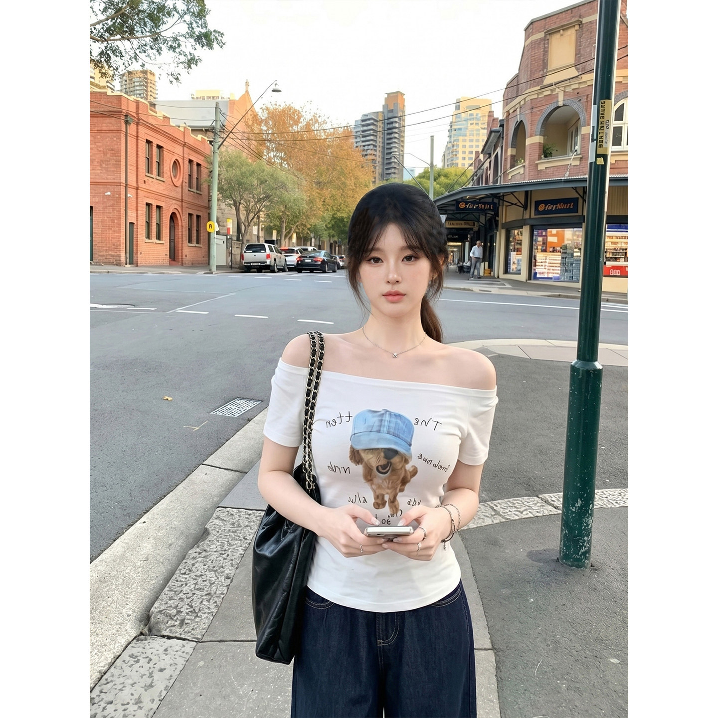 专柜正品白色斜肩短袖t恤女夏季小狗印花修身显瘦辣妹短款露肩上