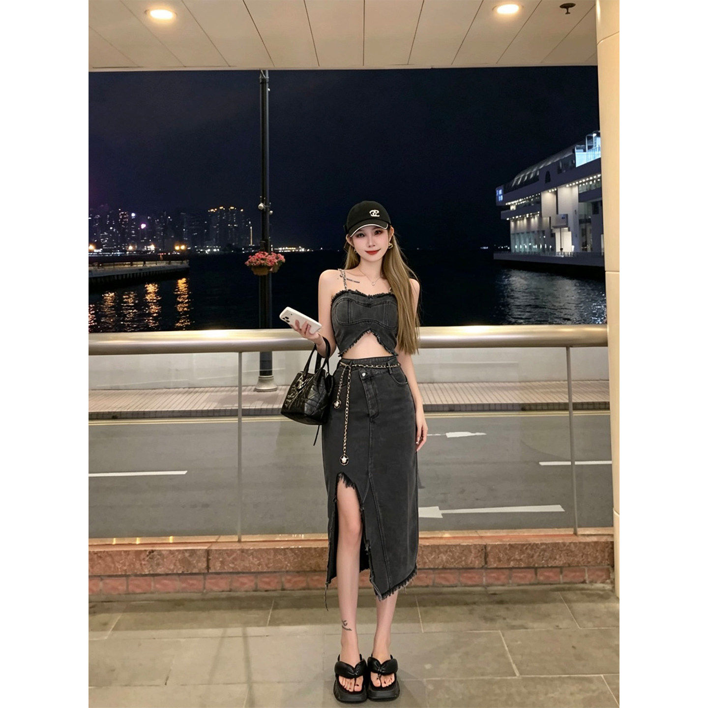 专柜正品酷辣风牛仔抹胸套装裙女夏季短款吊带开叉半中长裙两件套