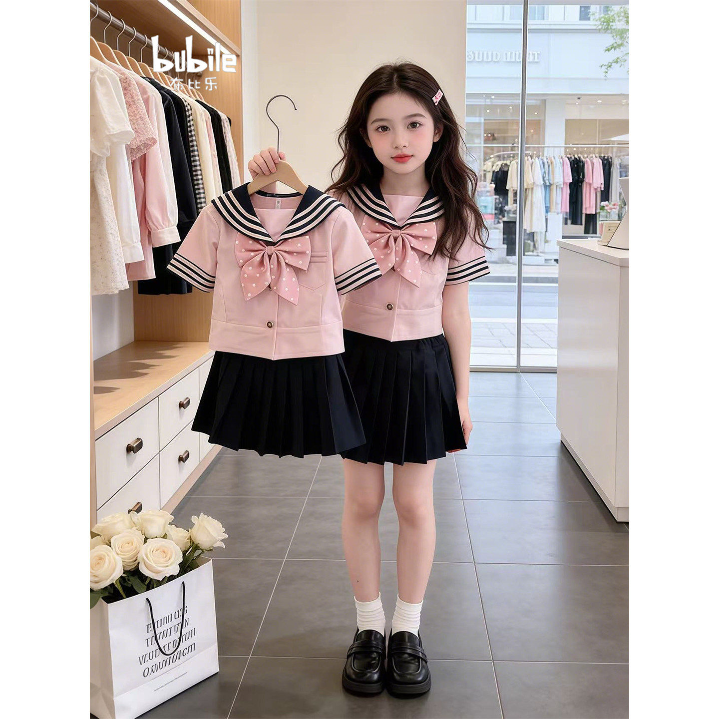 女童JK套装2026新款夏季小女孩学院风短裙两件套女大童水手服裙子