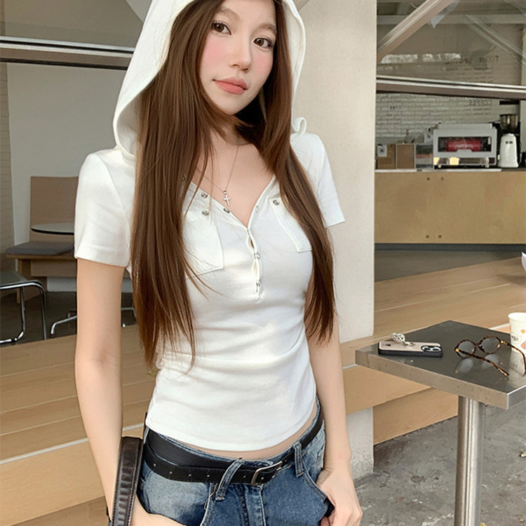 专柜正品白色连帽V领短袖T恤女修身显瘦小个子收腰短款上衣
