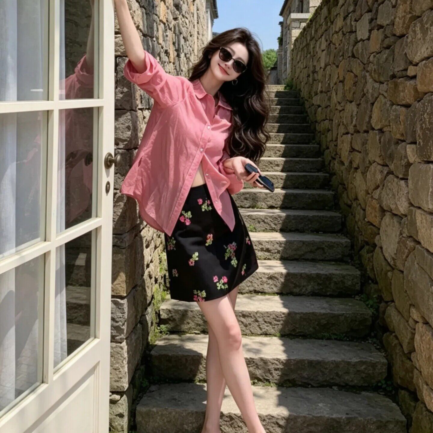 专柜正品老钱风套装粉色休闲慵懒薄款宽松显瘦衬衫上衣女夏复古碎