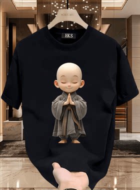 专柜正品国潮宽松圆领纯棉短袖t恤男重磅潮流小和尚印花夏季新款