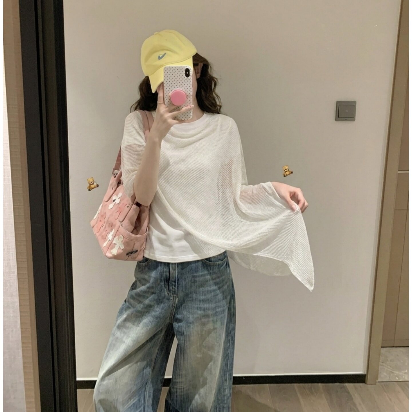 专柜正品白色不规则假两件短袖冰丝针织衫女夏季薄款宽松显瘦斗篷