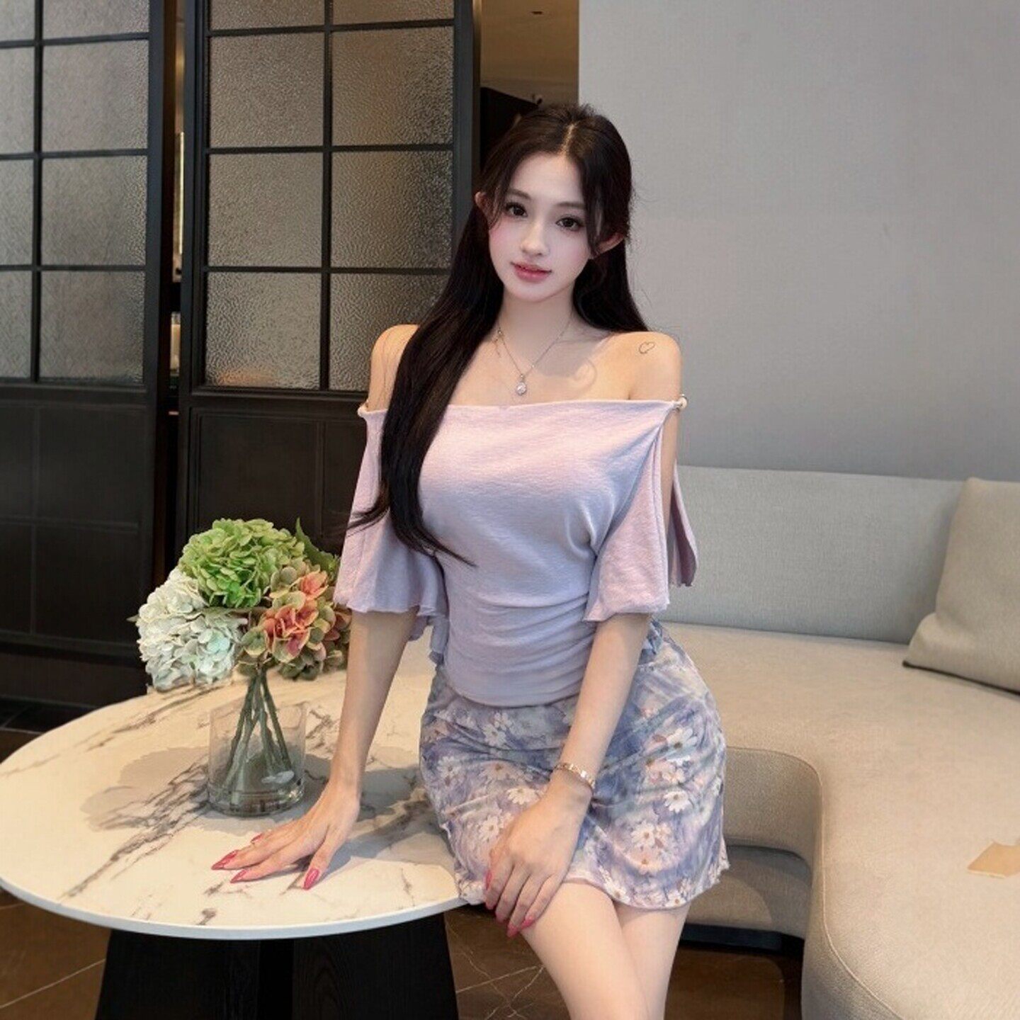 专柜正品御姐风独特超好看一字肩上衣印花包臀裙两件套装一整套穿
