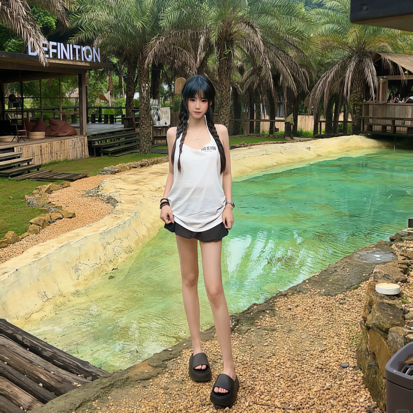 专柜正品美式辣妹穿搭白色挂脖背心吊带上衣显瘦黑色花苞半身裙短