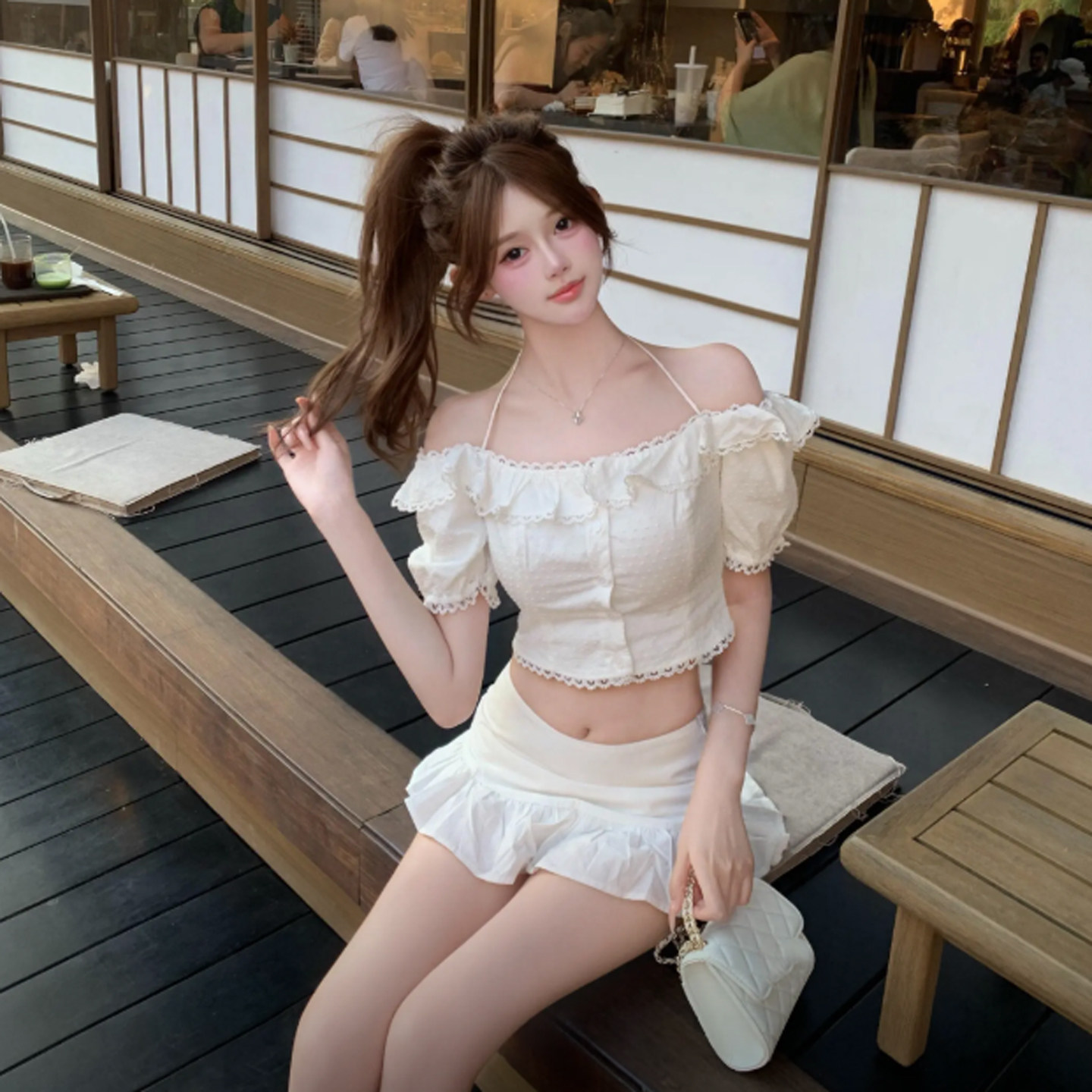 专柜正品法式温柔风巨好看的一字肩短款衬衫设计感漂亮绝美小上衣
