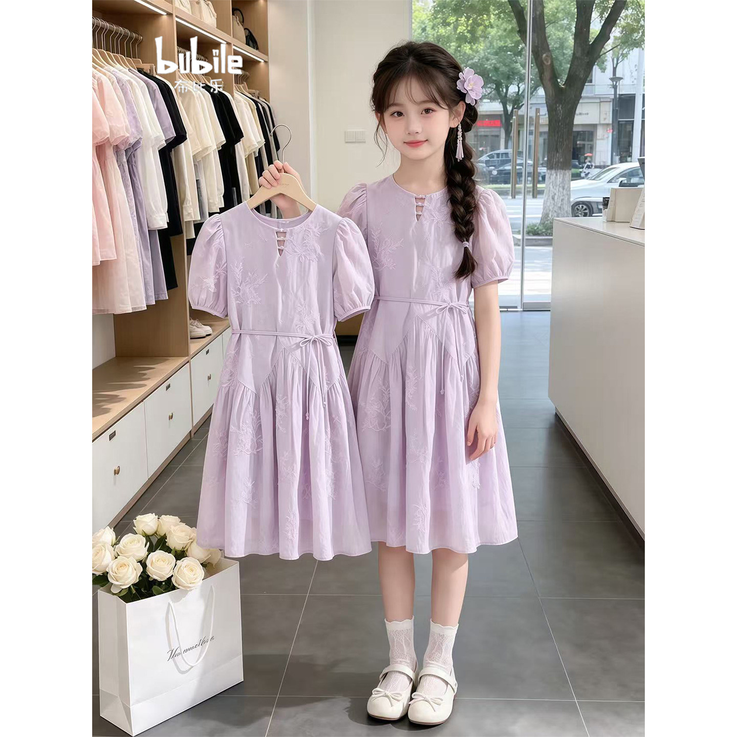 专柜正品女童连衣裙夏季2026新款中大童甜美紫色裙子刺绣泡泡袖公