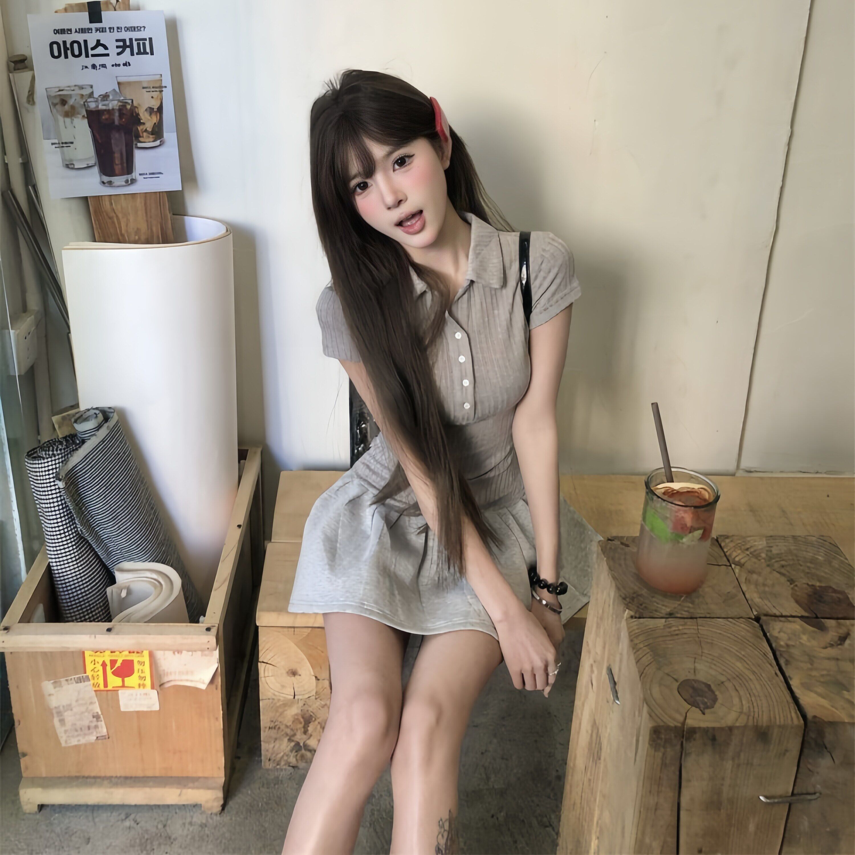专柜正品美式辣妹灰色polo领短袖连衣裙女夏季学院风显瘦针织拼接