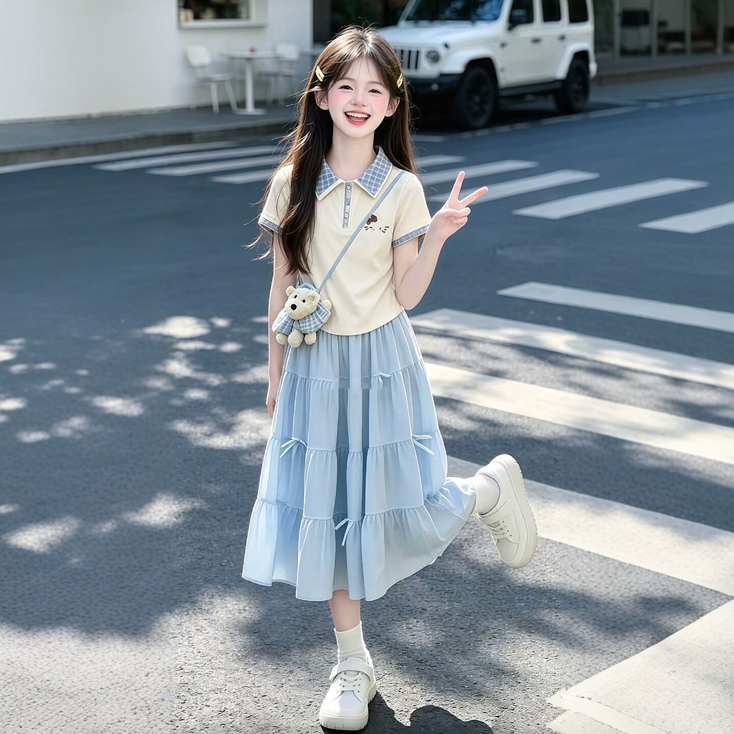 专柜正品女大童连衣裙套装夏季独特漂亮小裙子2026新款儿童学院风