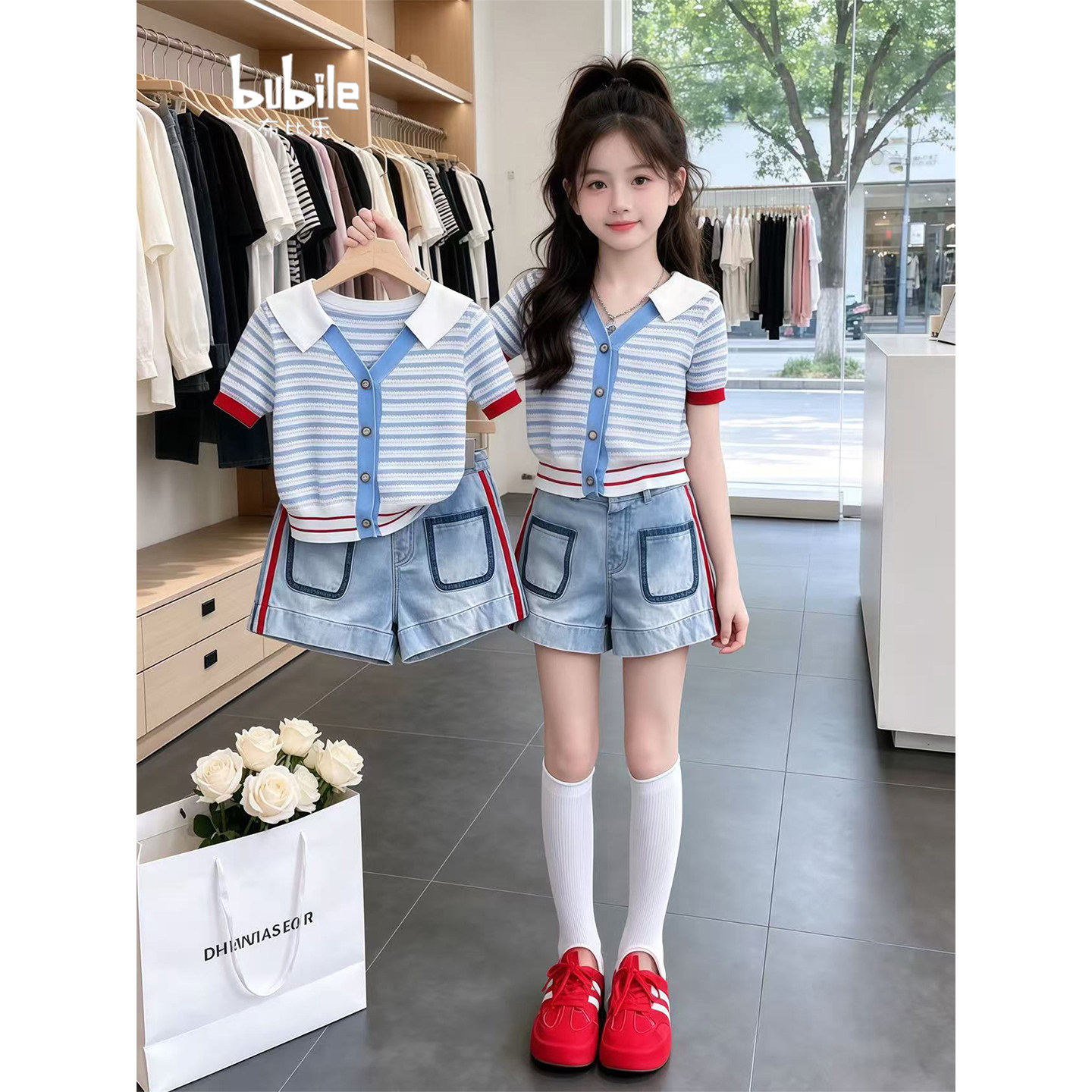 专柜正品女童学院风条纹针织开衫套装2026新款夏季儿童短袖牛仔短