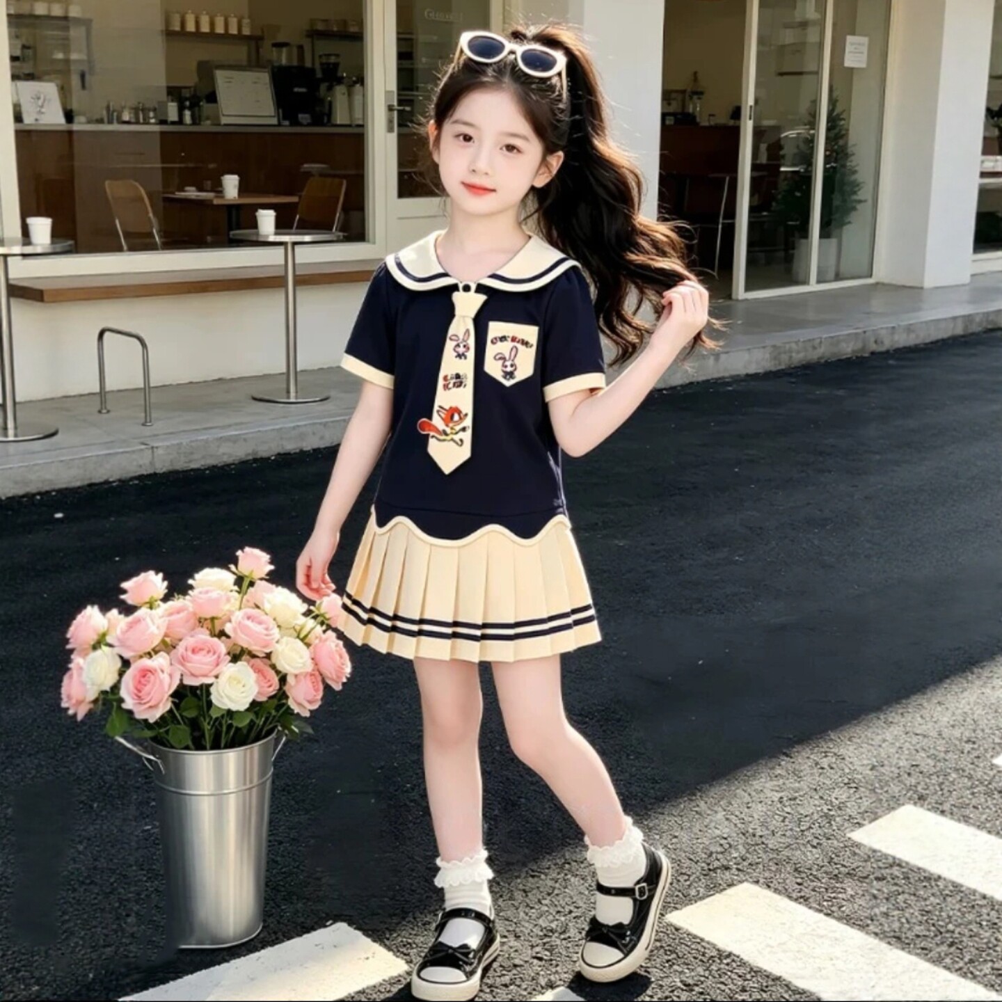 专柜正品女童夏季学院风海军领连衣裙卡通刺绣领带无袖公主裙中长