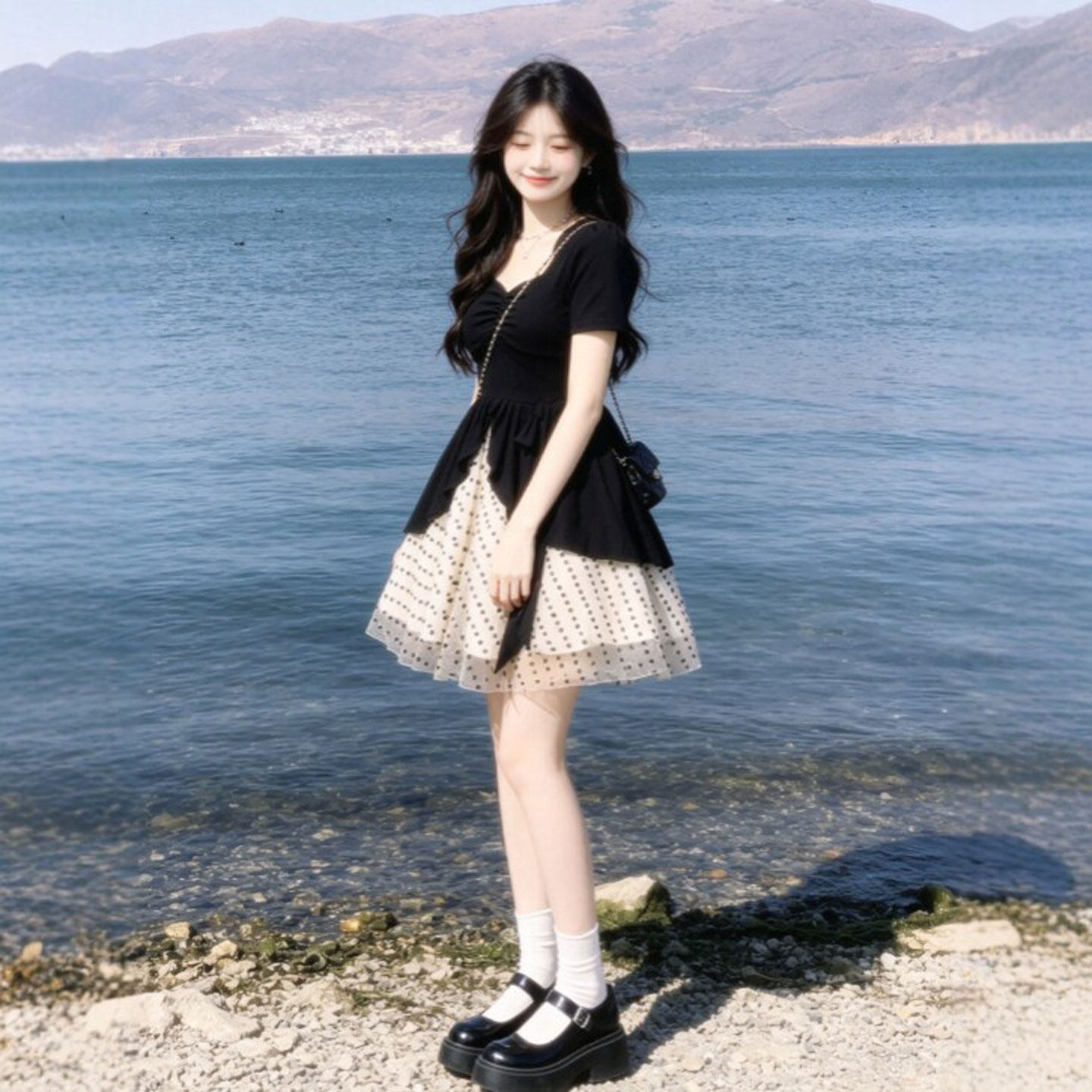 专柜正品韩系小个子巨好看的假两件收腰蓬蓬连衣裙26夏今年流行的